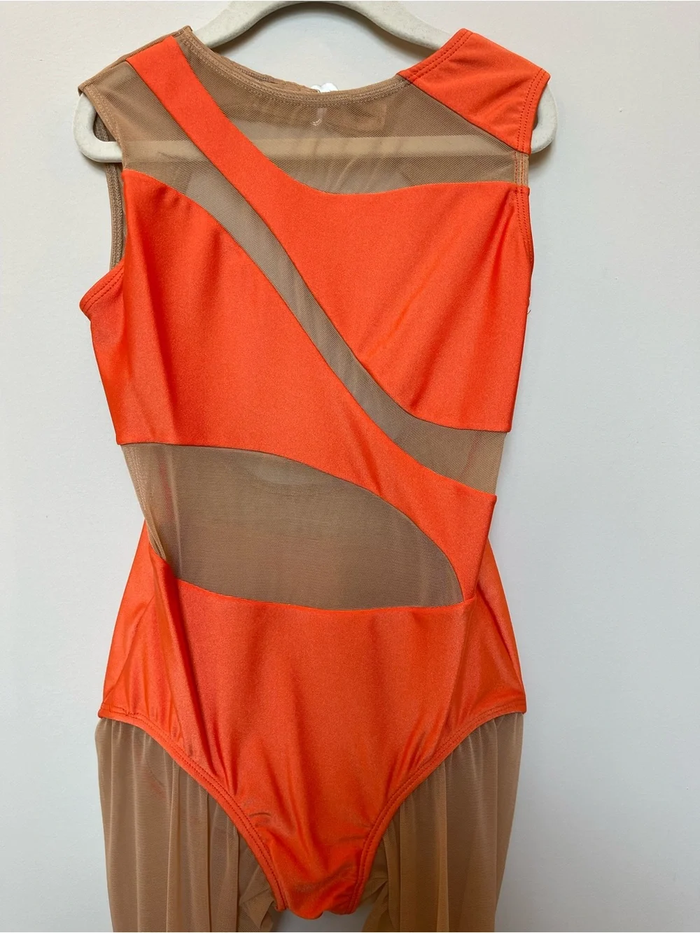 Girls Orange and Nude Mesh Dance One-Piece Bodysuit